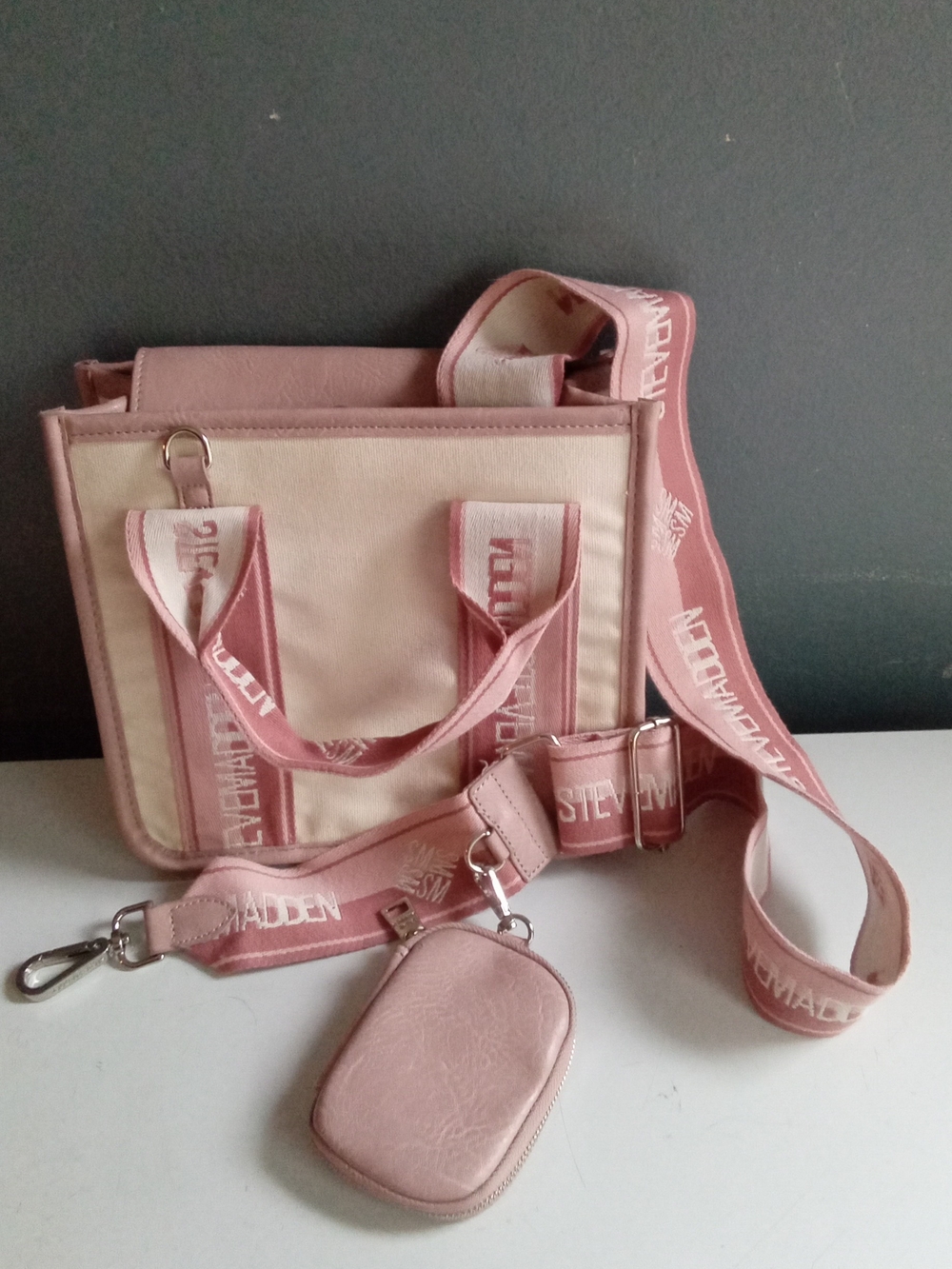 Steve Madden Bwebber Pink and Cream Canvas Crossbody Tote with Branded Strap